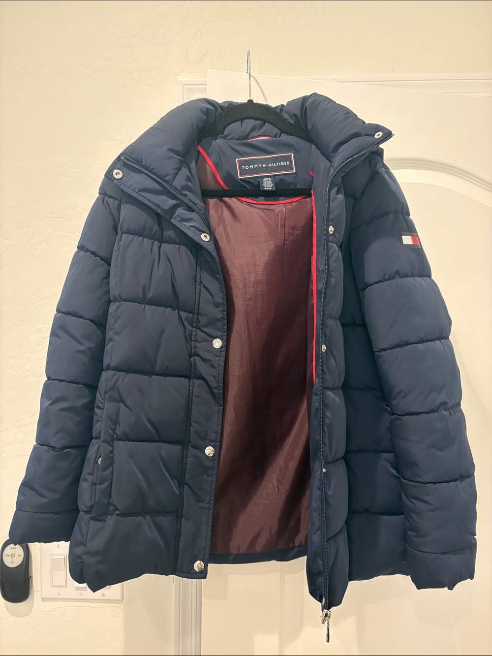 Tommy Hilfiger Navy Quilted Puffer Jacket with Red Trim
